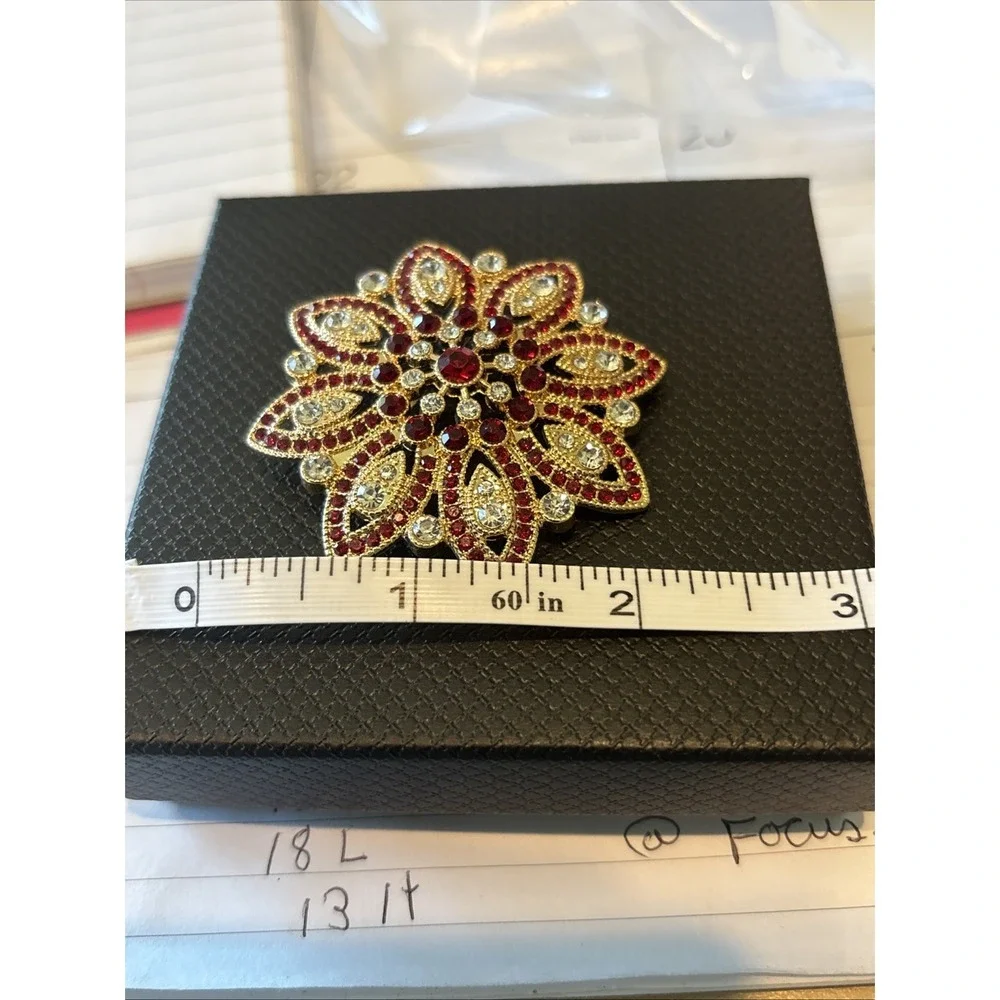 Monet Poinsettia Vintage Red And Clear Rhinestone Floral Print Gold Tone